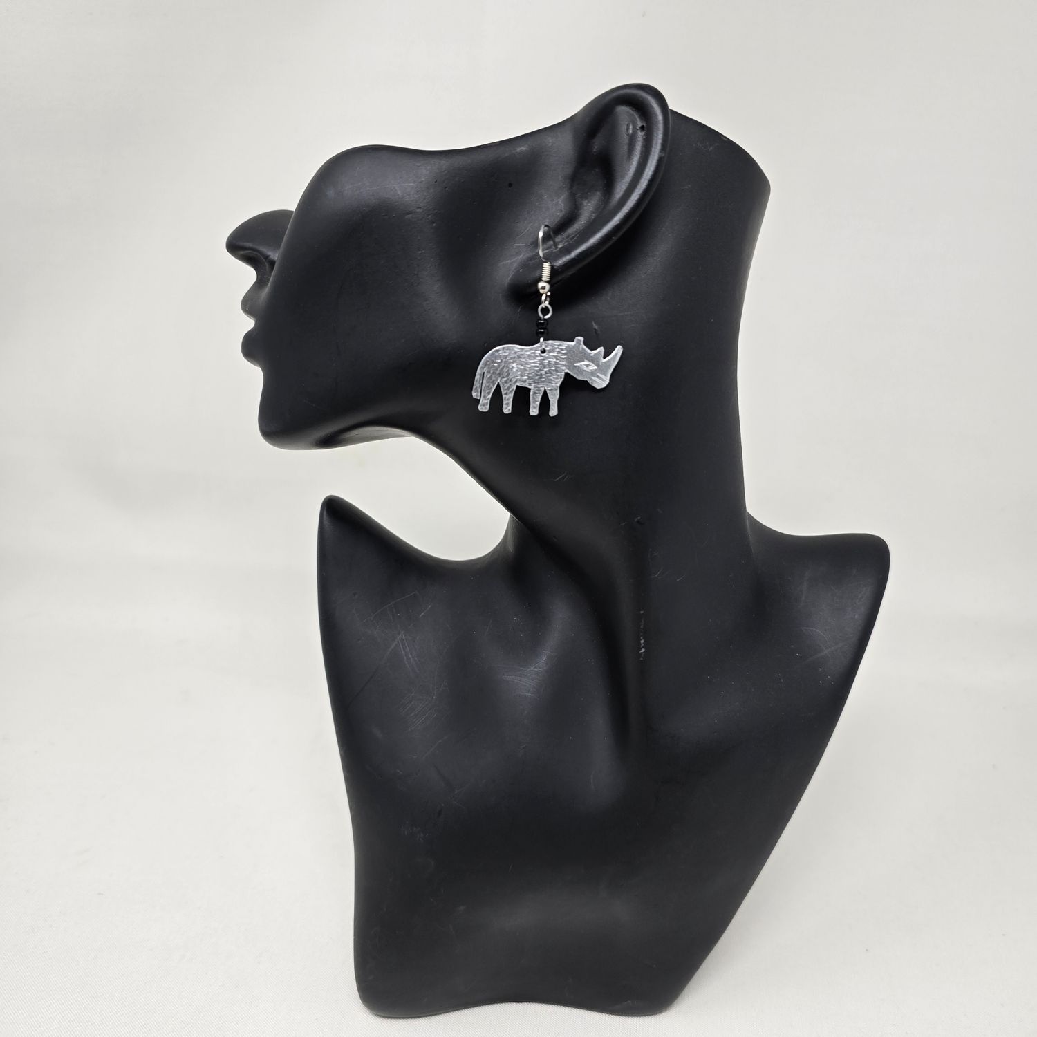 Hand Carved Rhino Tin Metal Earrings - 3cm Lenth - Mwitu
