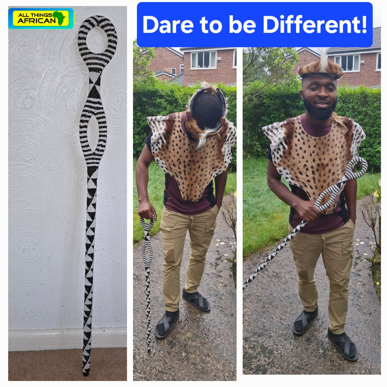 African beaded black and white walking stick - Fimbo