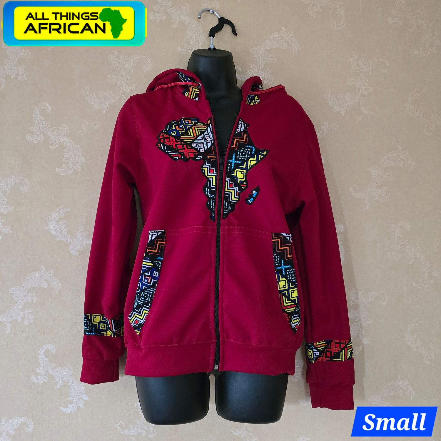 Map of Africa Hoodie - with Zip - Red - Size Fit Small -  Maarufu