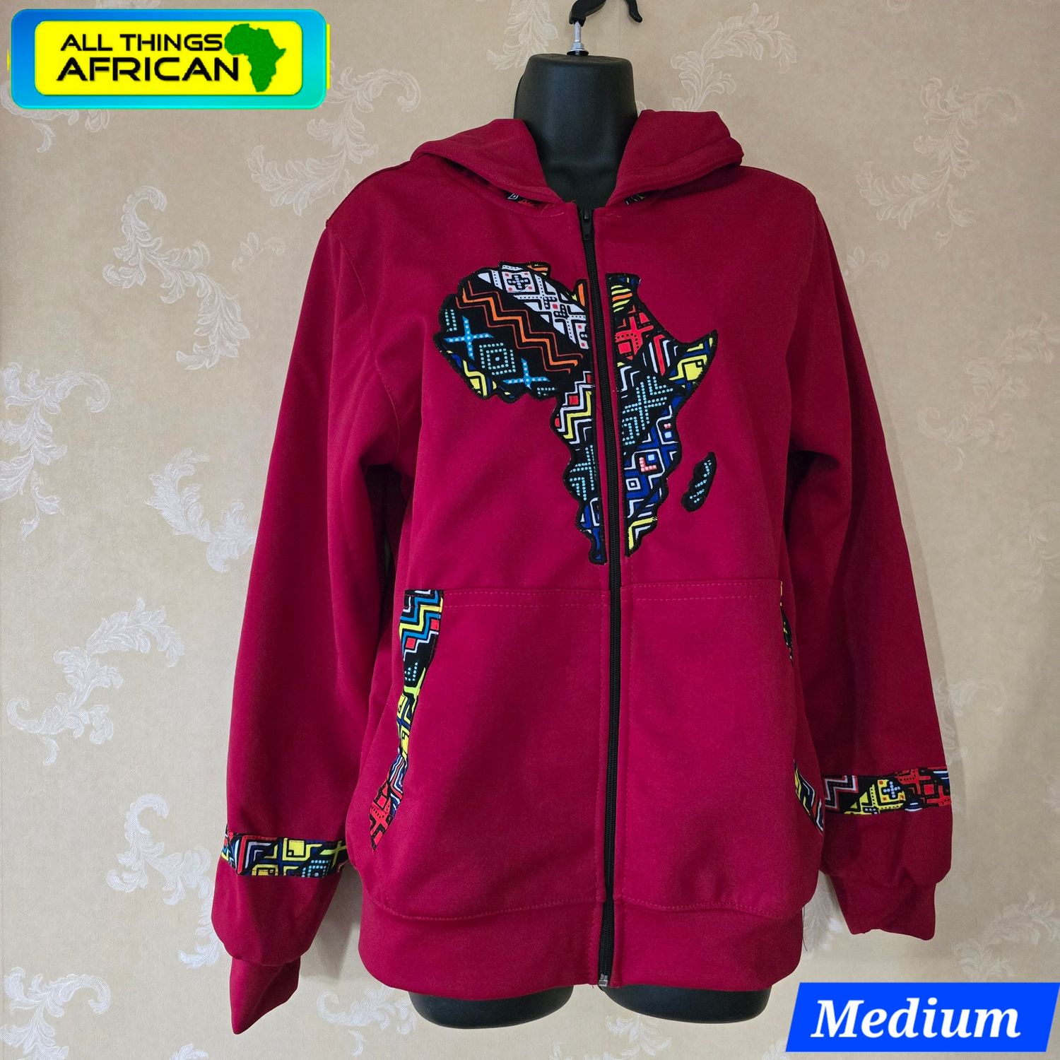 Map of Africa Hoodie - with Zip - Red - Size Fit Medium -  Mosi