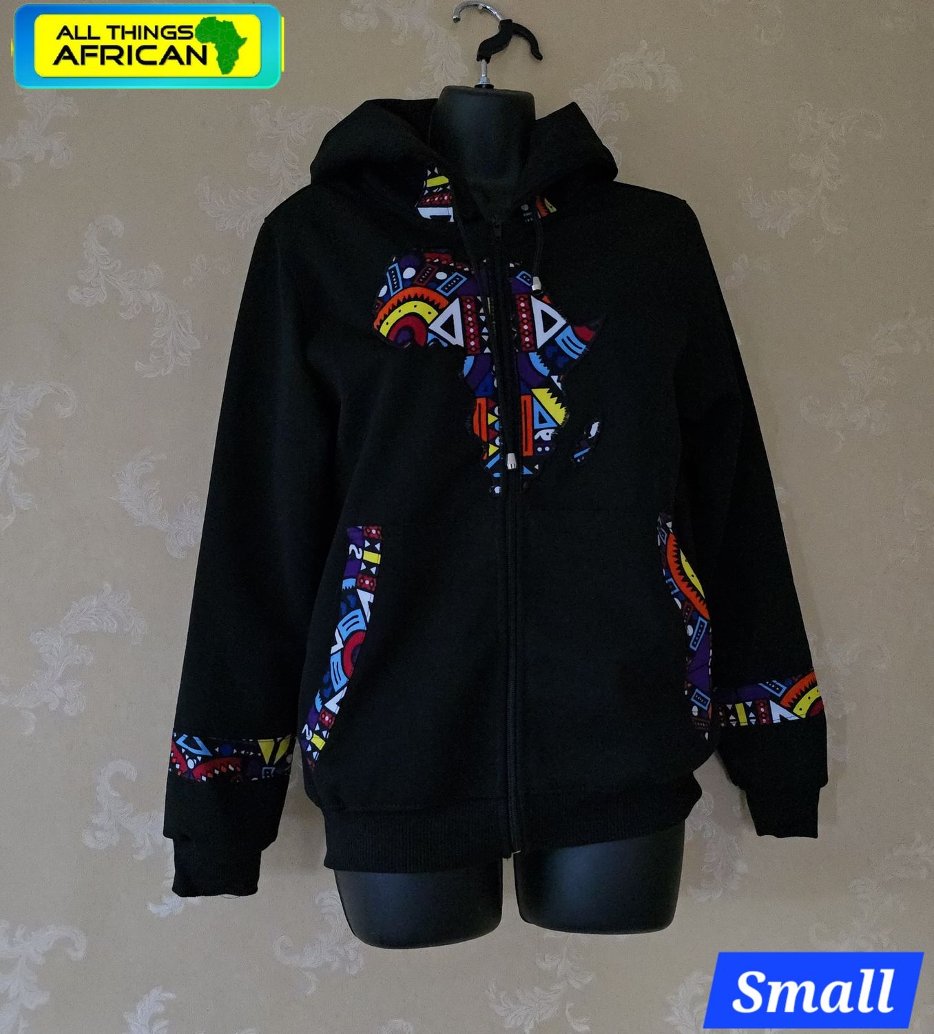 Map of Africa Hoodie Black -  Unisex - with Zip - Small - Epua