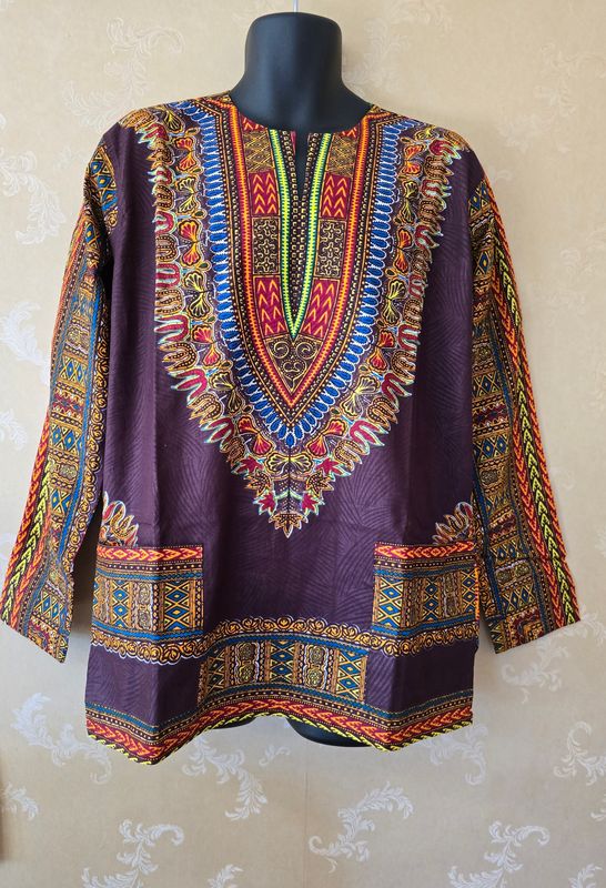 Pat Design Dashiki Longsleeved Shirt Maroon  mix - Large