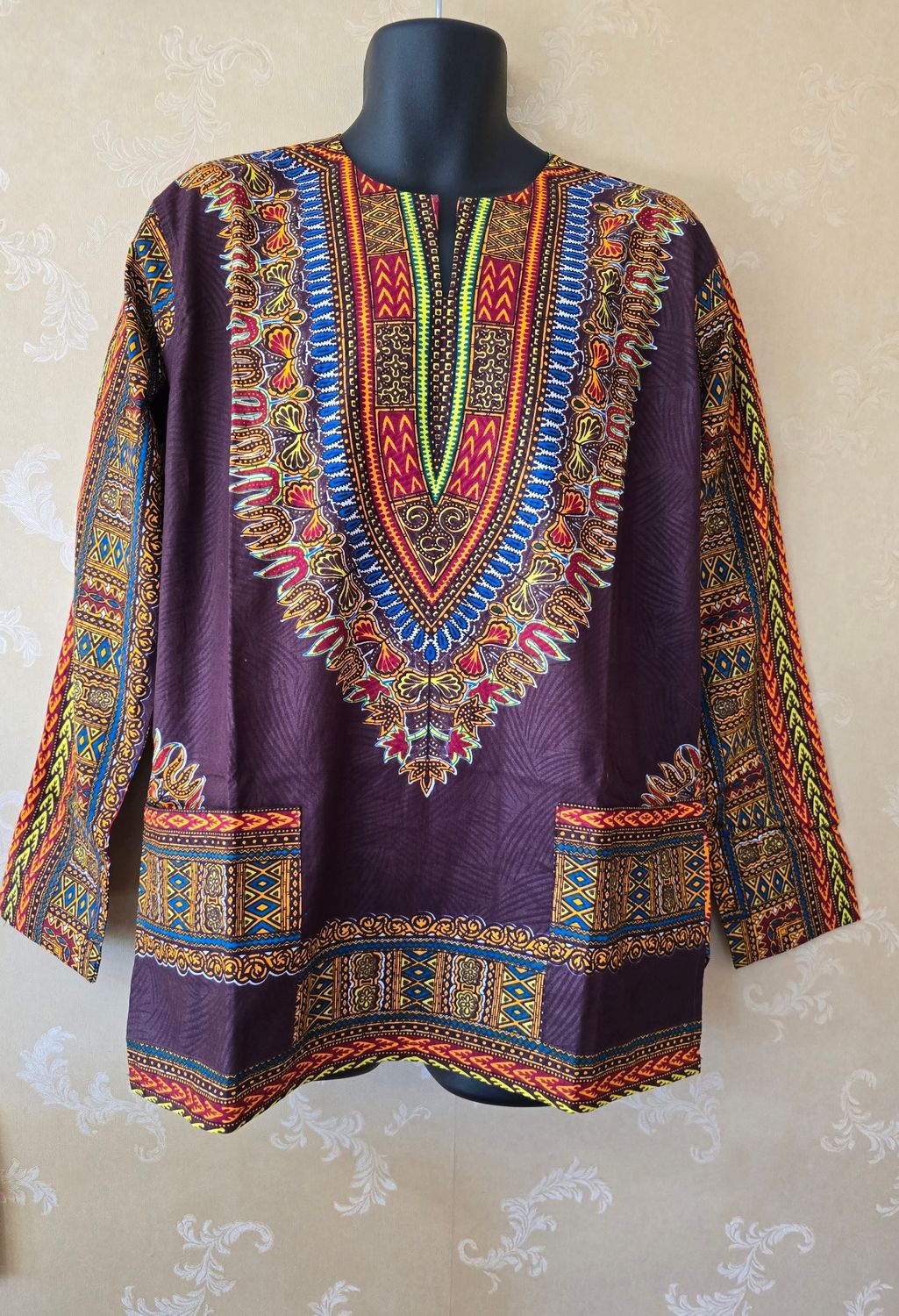 Pat Design Dashiki Longsleeved Shirt Maroon  mix - Large