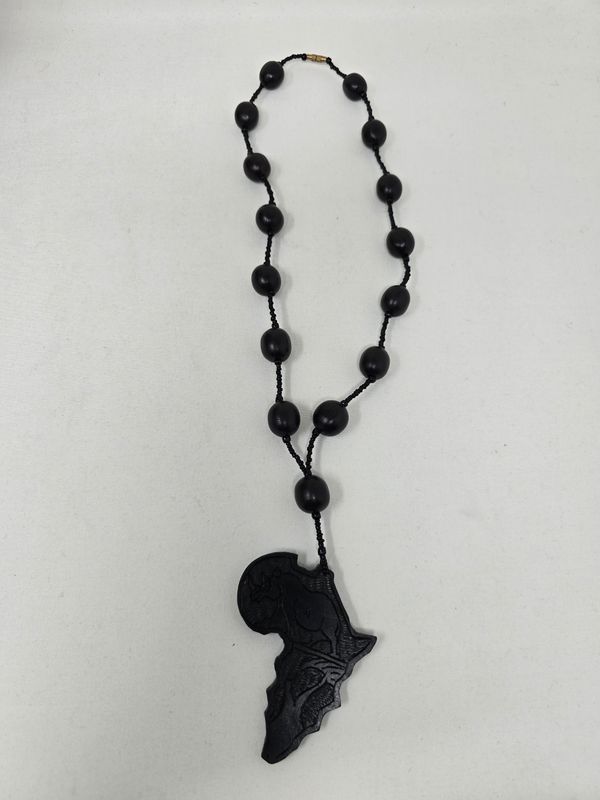Handcrafted Ebony Wood African Map &amp; Rhino Pendant Necklace