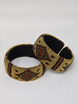 Kathero - Handmade Zulu Beaded Bangles - Gold Brown and black