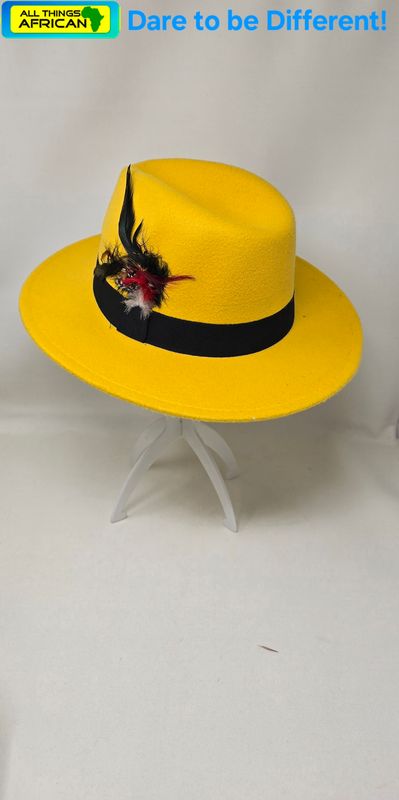🔥 Yellow Fedora Hat with Feather Accent &quot;58&quot;