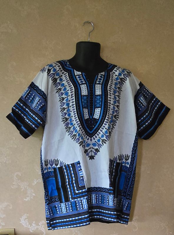 Dashiki Top - White and blue mix colours - Unisex -  Free size to XXL