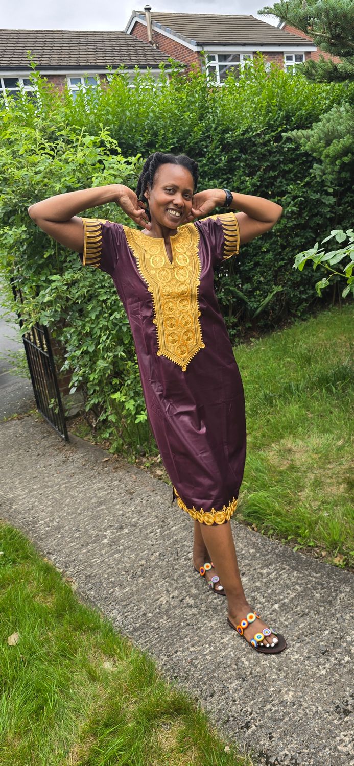 Regal Radiance: Brown Embroidered Dress (UK 12–14) + Beaded Sandals (UK 6) – One of a Kind