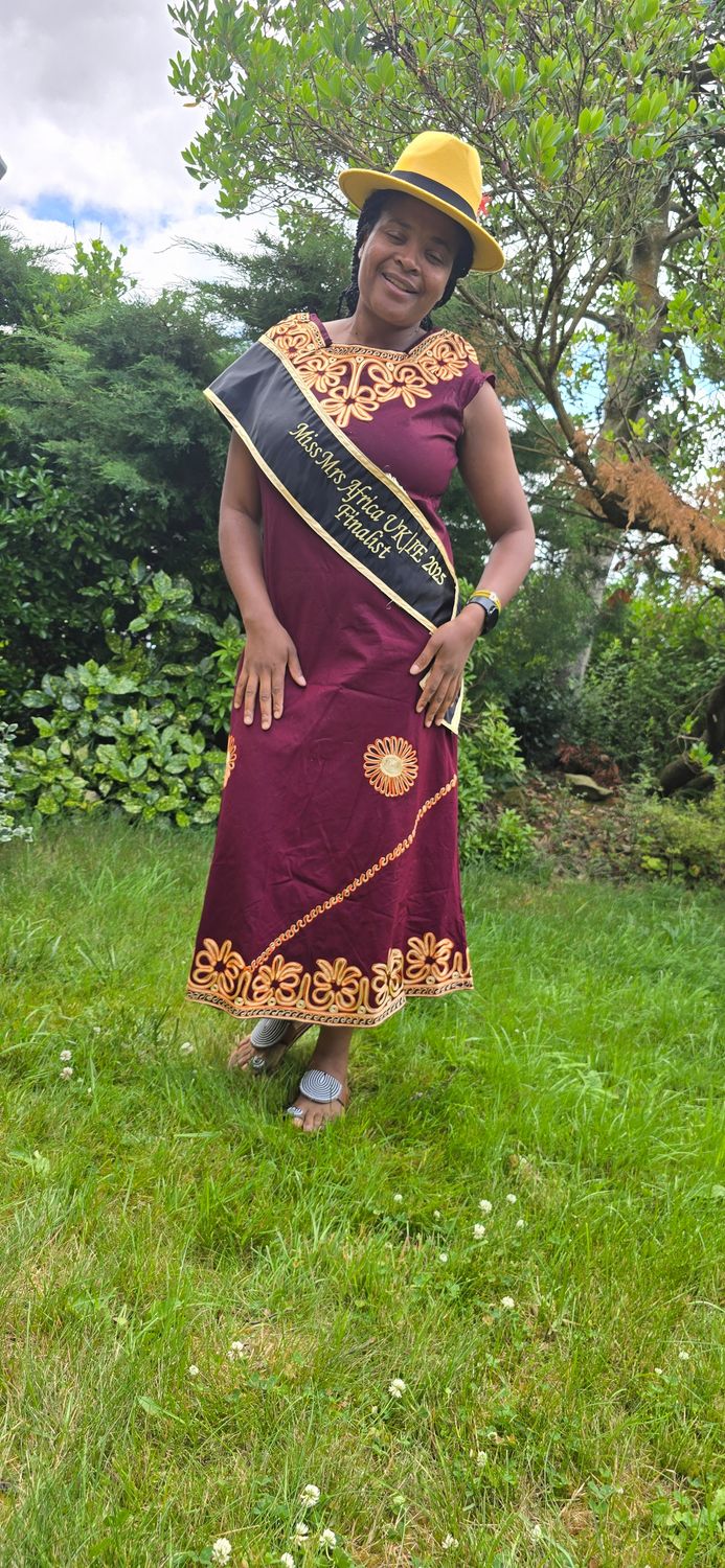 Bold Maroon African Embroidered Dress with Matching Beaded Fedora – UK Size 12