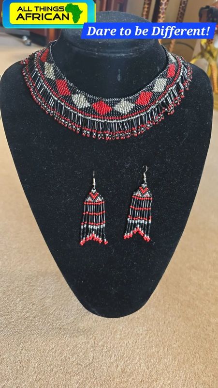 Handbeaded Necklace with Matching Earrings - Black, Red and Silver
