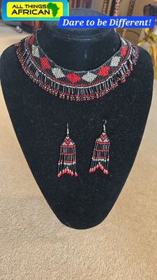 Handbeaded Necklace with Matching Earrings - Black, Red and Silver
