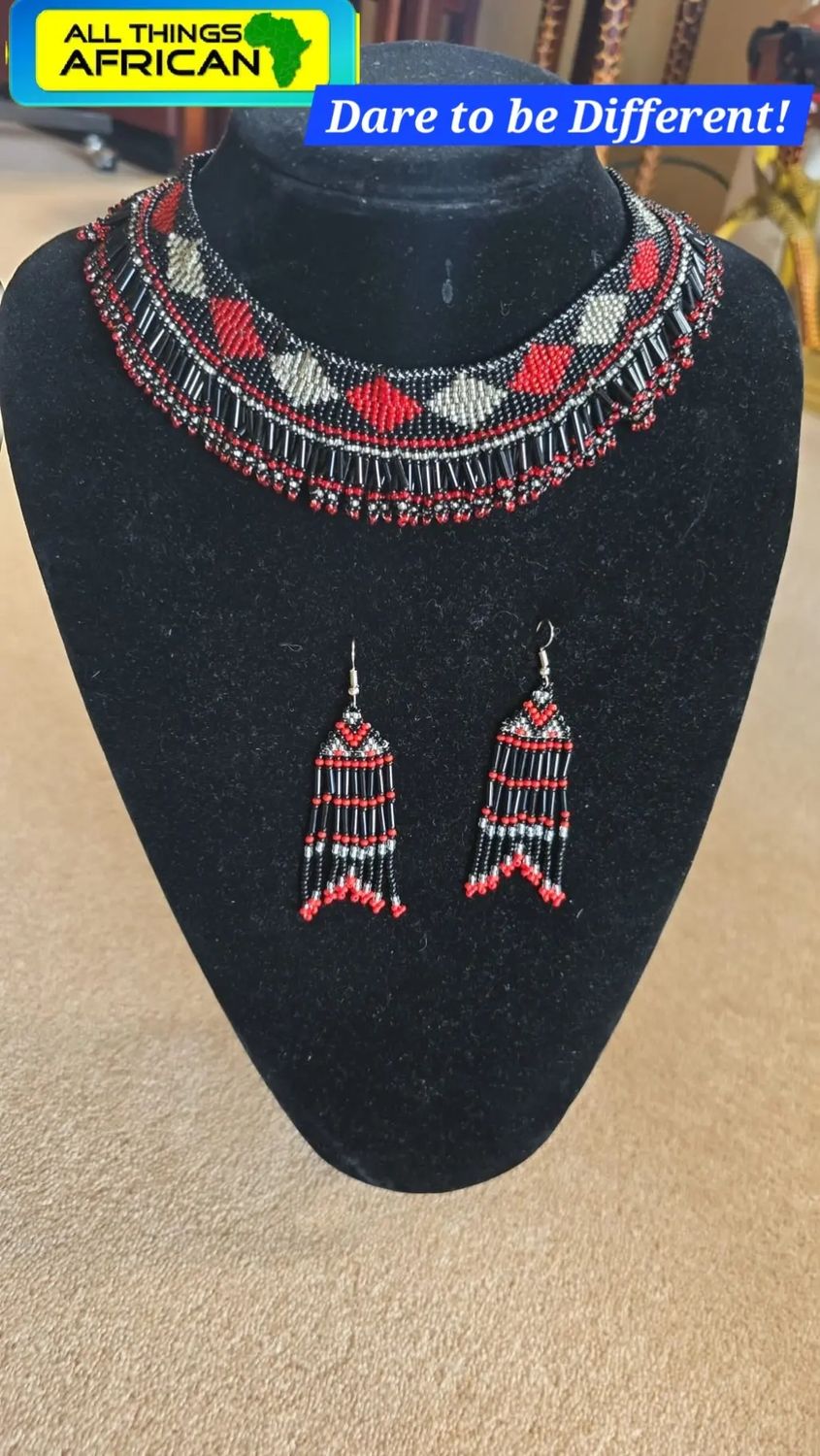 Handbeaded Necklace with Matching Earrings - Black, Red and Silver