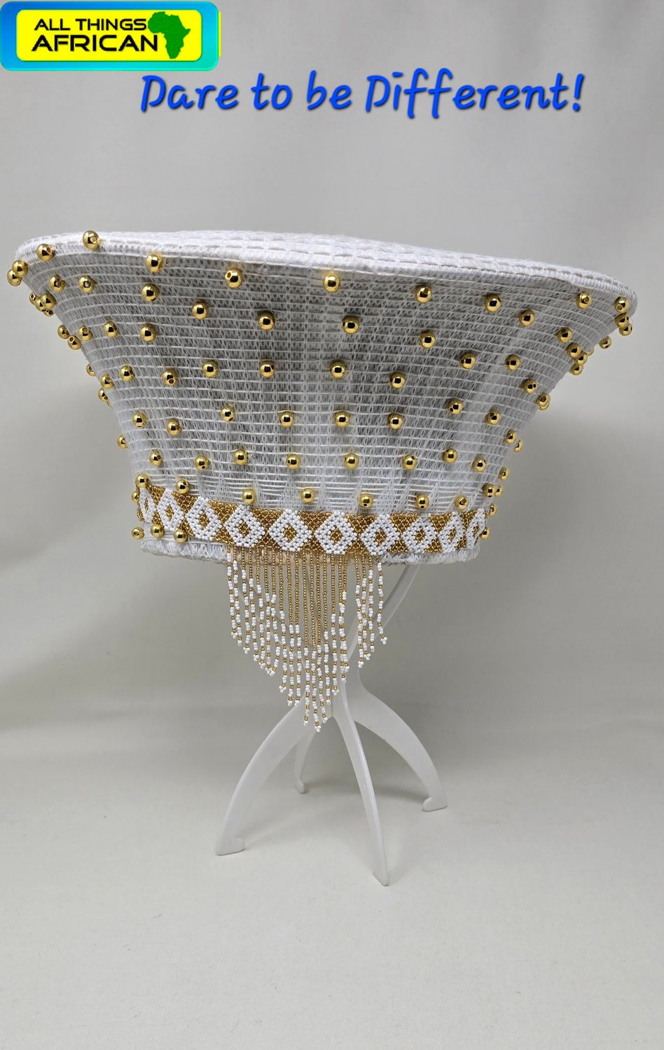 Traditional Isicholo Zulu Hat - Gold and White - Kailama