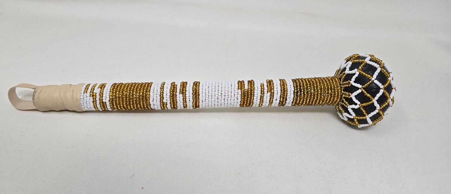 Beaded African Knobkerrie Induku - Gold and White