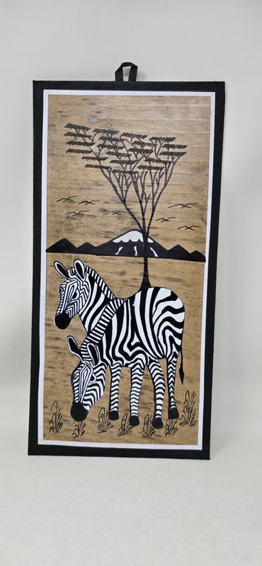 African Banana Artwork - Zebra Family -  20cm x 41cm