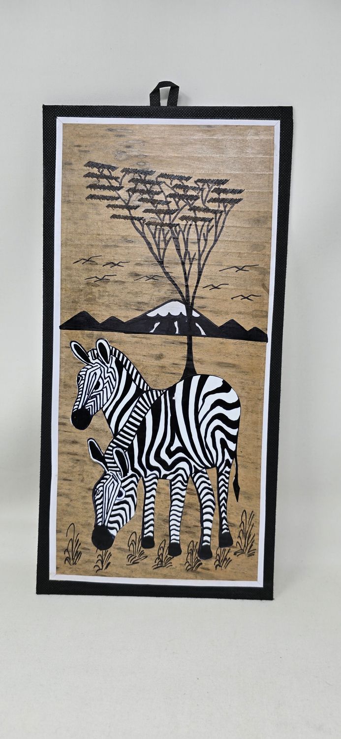 African Banana Artwork - Zebra Family -  20cm x 41cm
