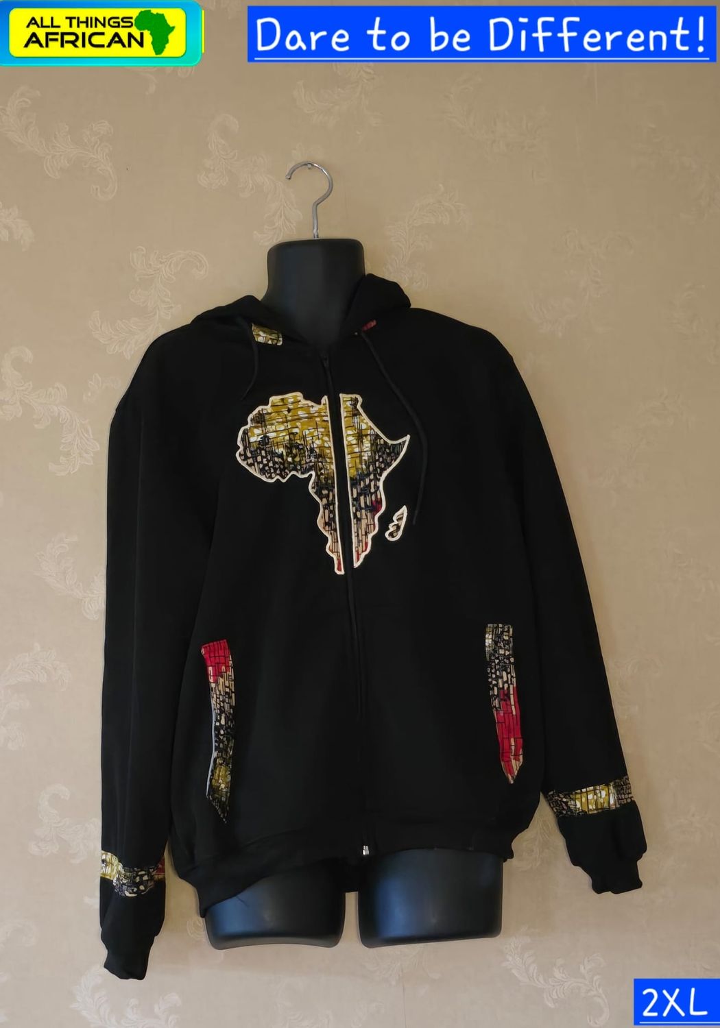 Map of Africa Hoodie Black -Unisex - with Zip - XXL -  Leta