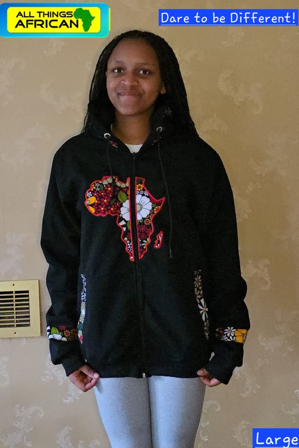 Map of Africa Hoodie - with Zip - Black - Size Fit Large -  Khane