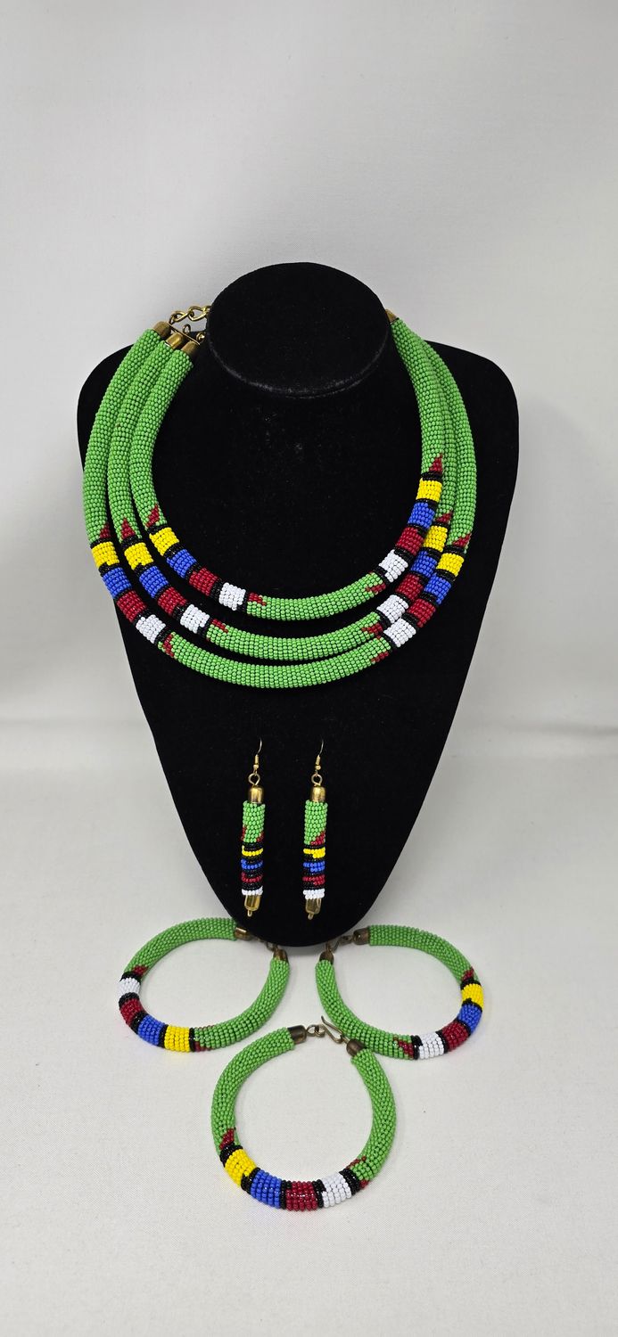 Necklace Set With 3 Bangles and Matching Earrings - Green Mix