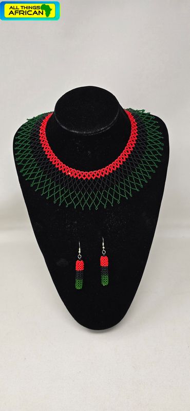 Handbeaded Necklace and Earrings Set - Pan African Colours