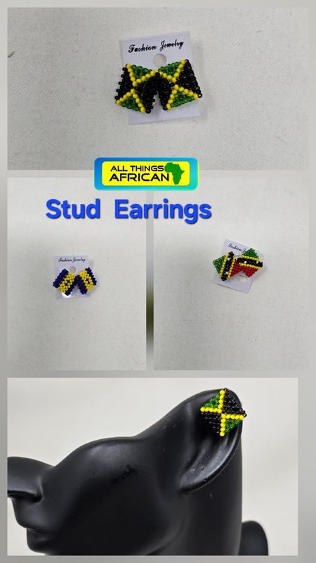 Handbeaded Stud Earrings  - Jamaica, St kitts &amp; Nevis and Barbados Flag colours 1.5cm