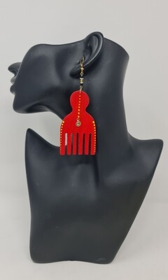 Afro Comb Red - Hand Carved Wooden Earrings - 4cm x 7cm