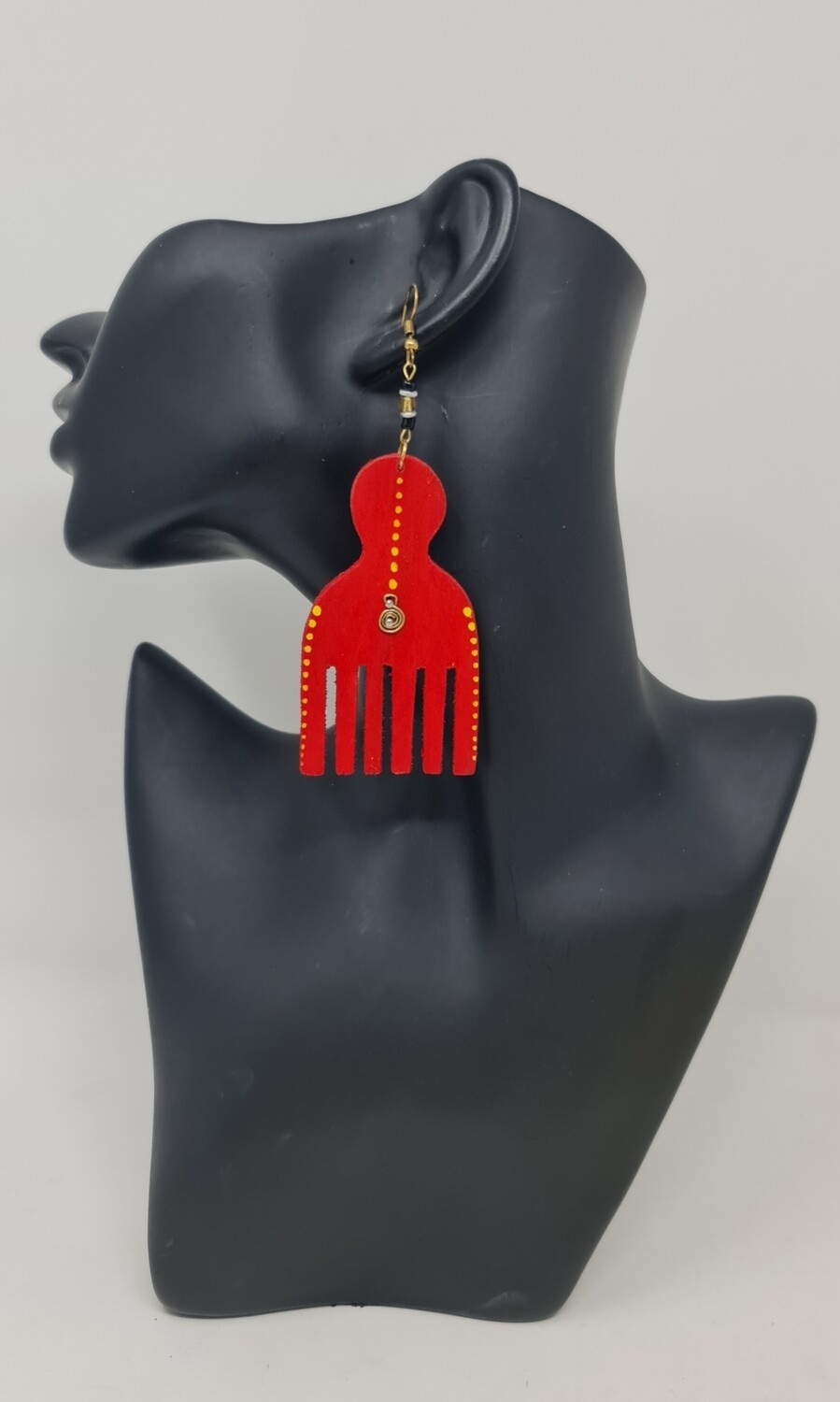Afro Comb Red - Hand Carved Wooden Earrings - 4cm x 7cm