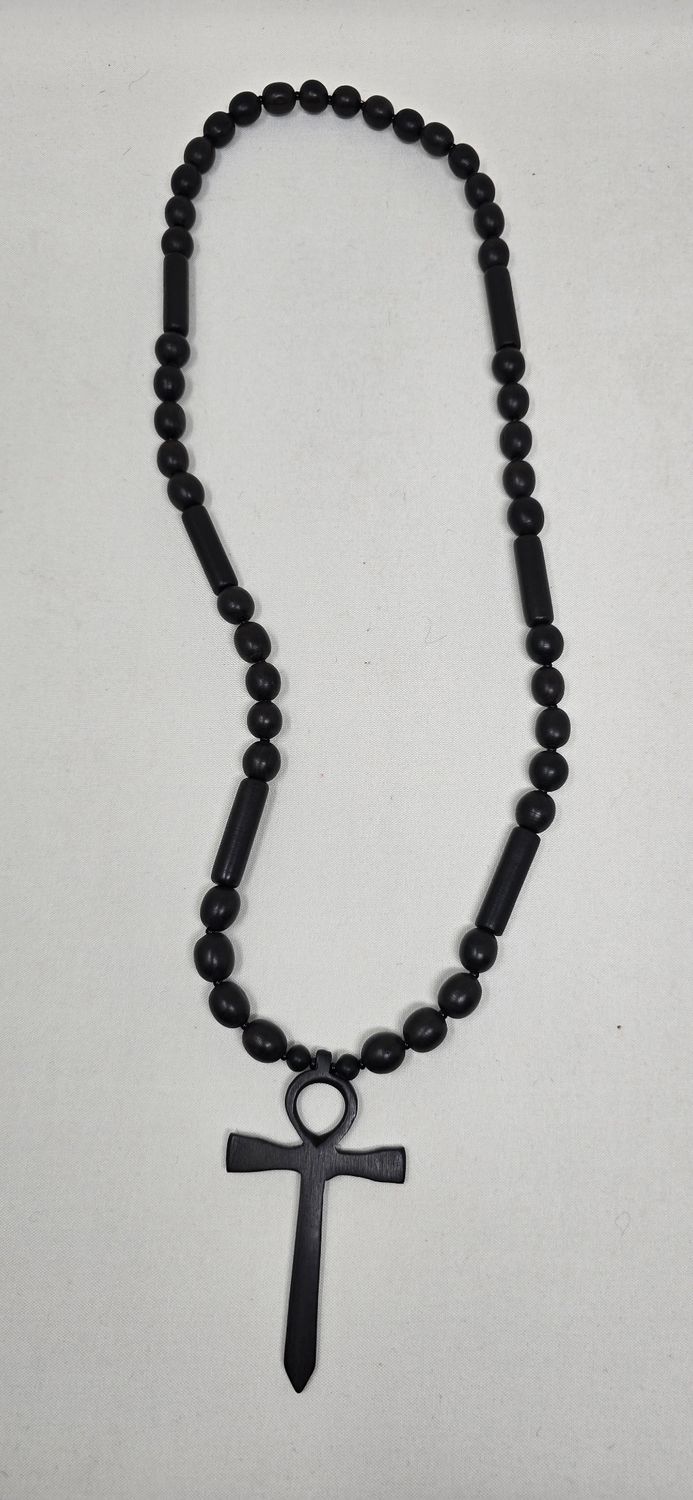 Hand Crafted Ebony Wood Necklace with Ankh Pendant