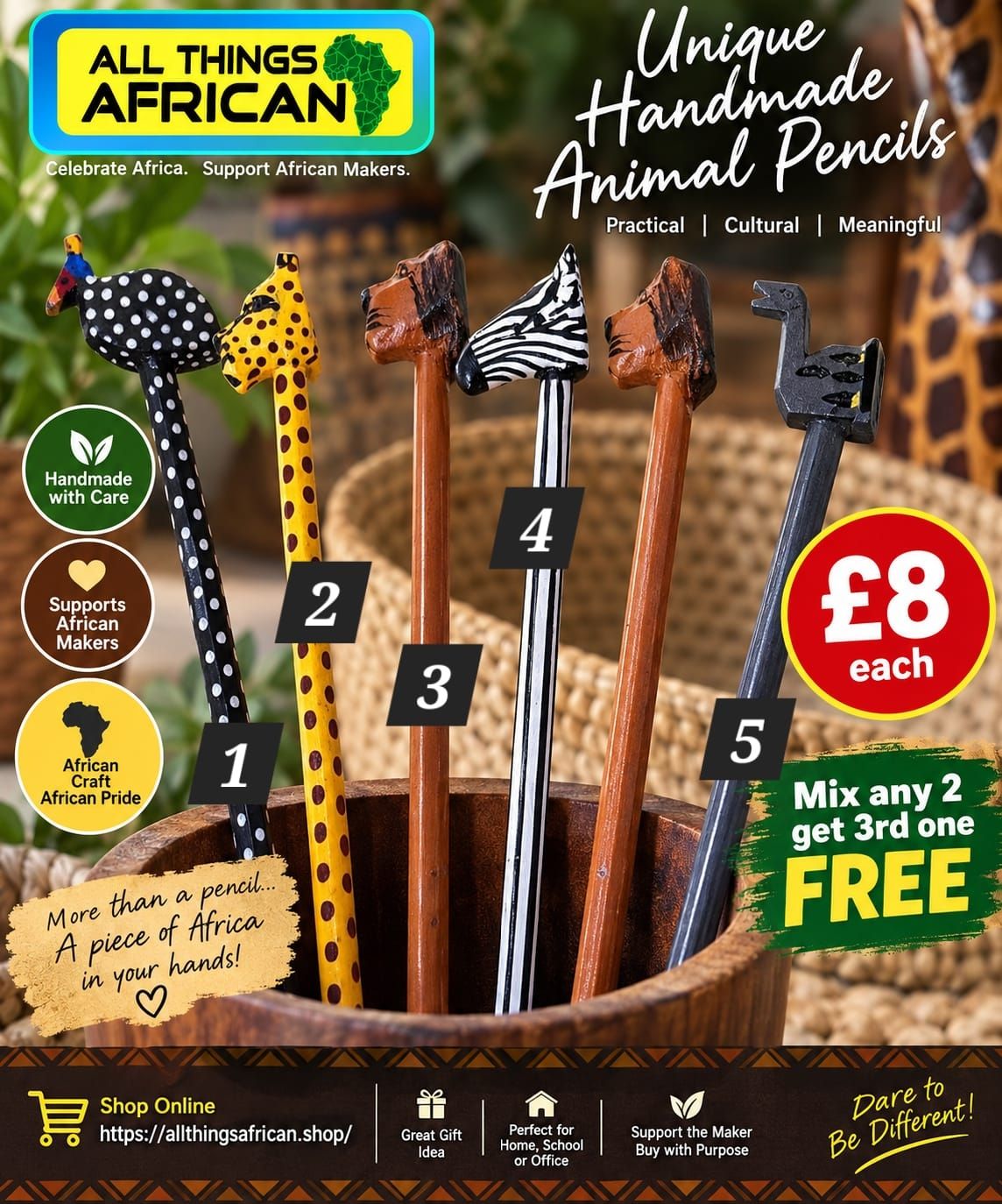 Hand-Painted African Animal Wooden Pencils ✏️🌍