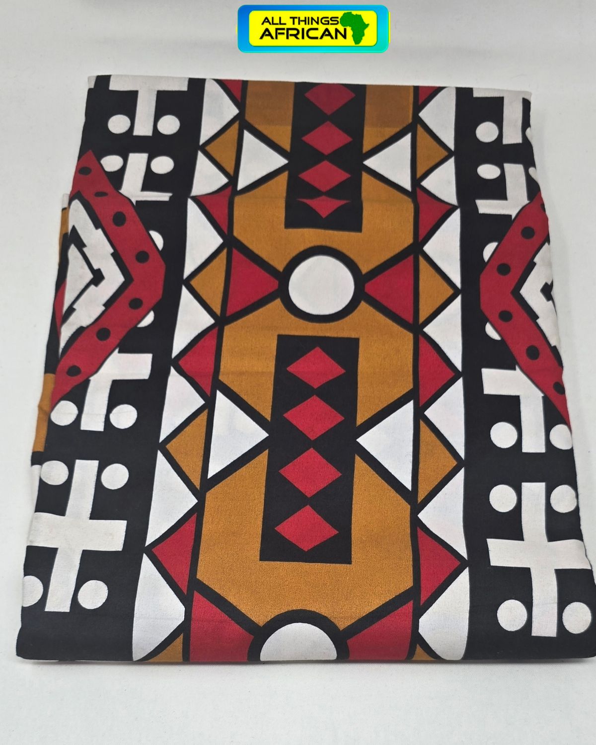 Golden Earth African Print Fabric | Red Black &amp; White Geometric Material - Apa