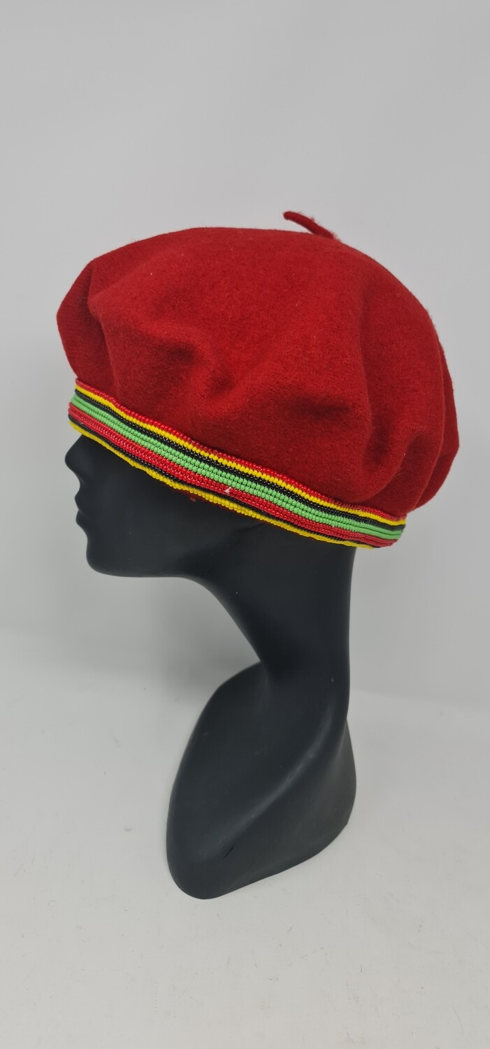 Red Pan African Beaded Beret | Bold Cultural Statement Hat 12" - Sakite