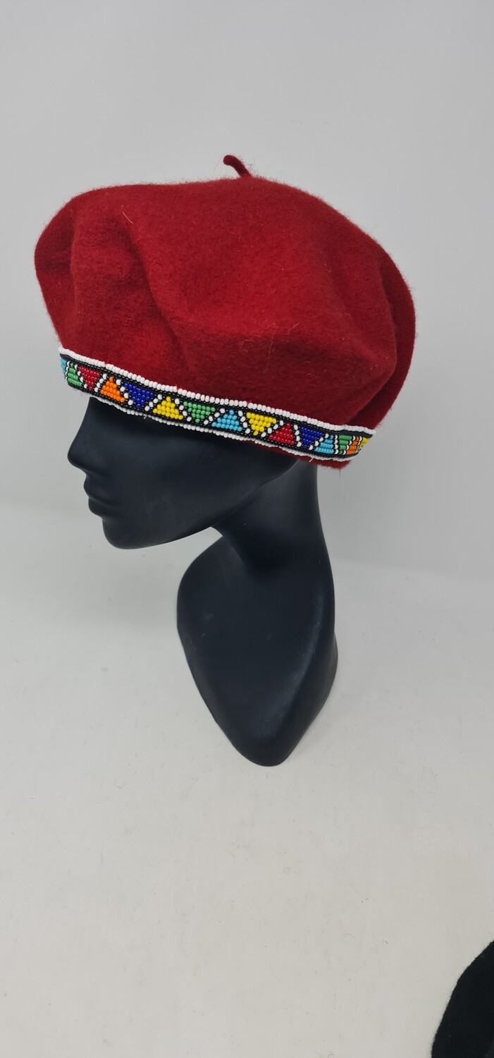 Burgundy South African 100% Wool Beaded Beret | Adjustable Open End | £30 12" -  Jughua