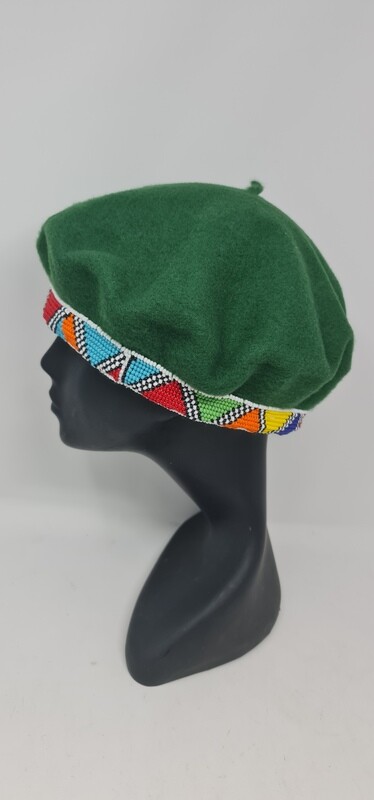 Emerald Green African Beaded Beret | Bold Geometric Design 12" - Green - Kijano