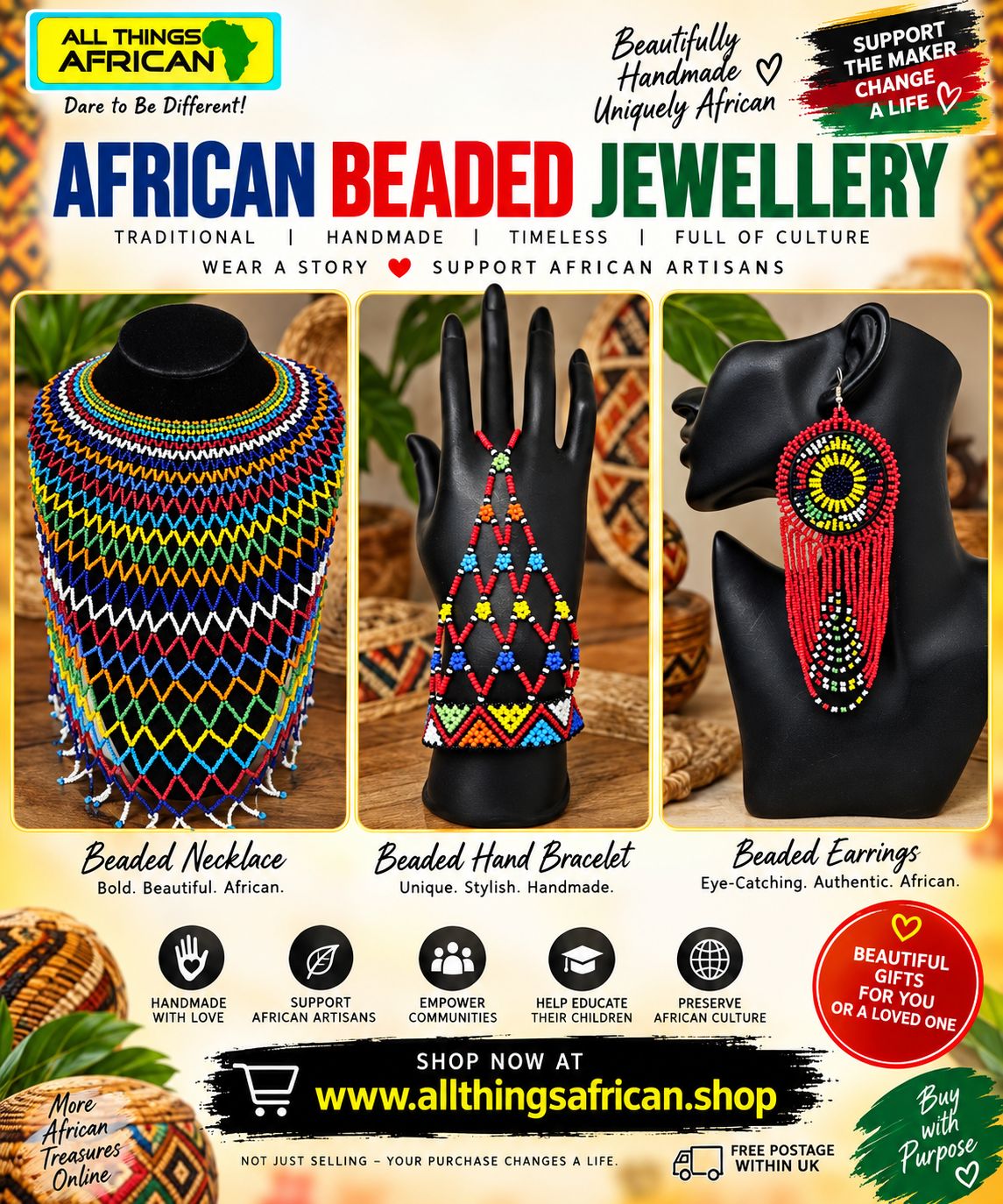 Handmade African Beaded Jewellery Set | Necklace, Hand Bracelet &amp; Statement Earrings | 3 Piece Set £65 - Sakache
