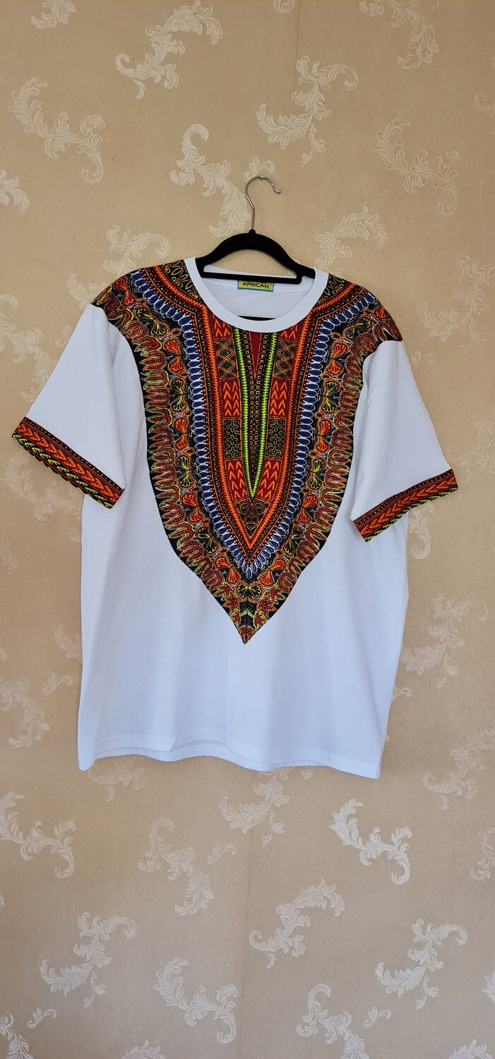 African Print T-Shirt - Pako - White - Size XLarge