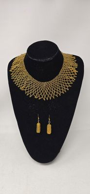 Handmade African Gold Beaded Necklace &amp; Earrings Set | Statement Jeweller - Chayosa