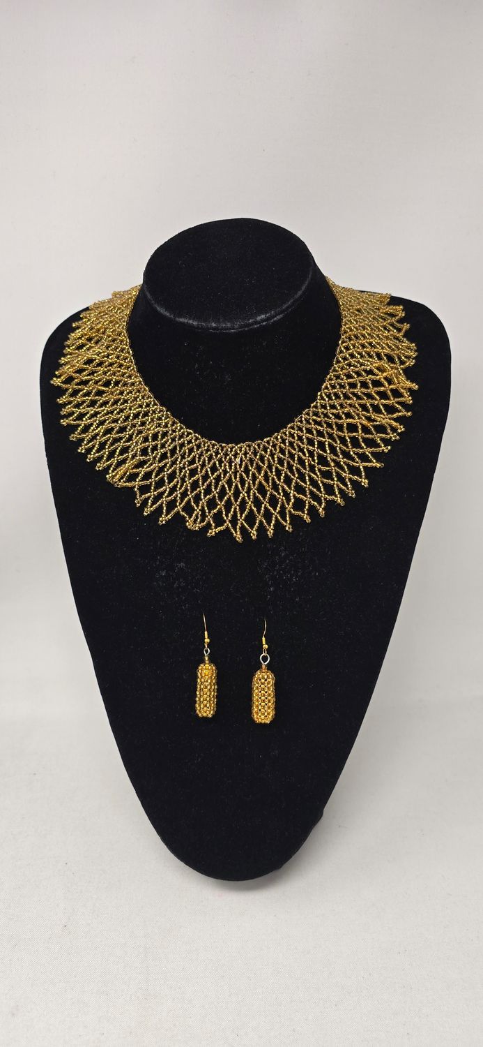 Handmade African Gold Beaded Necklace &amp; Earrings Set | Statement Jeweller - Chayosa
