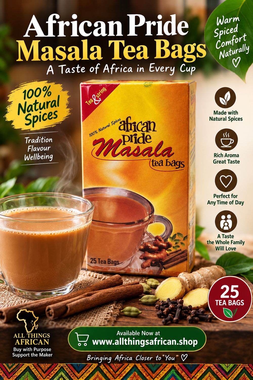 African Pride Masala Tea Bags 25 Pack | 100% Natural Spices | Authentic African Spiced Tea