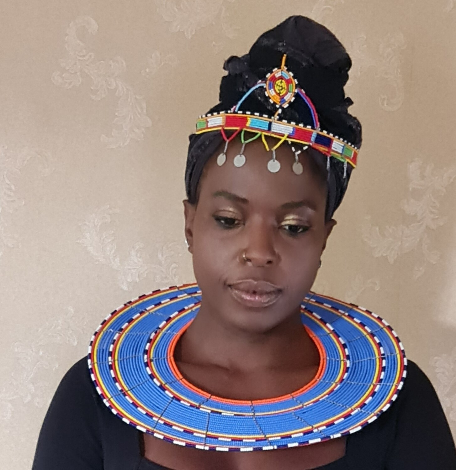 Masai Beaded Necklace with earrings complement- Blue Mix