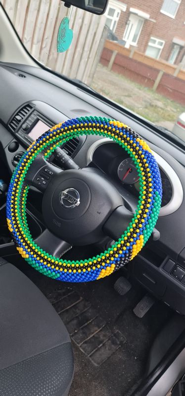 Handbeaded Steering Wheel Cover - Tanzania flag colours