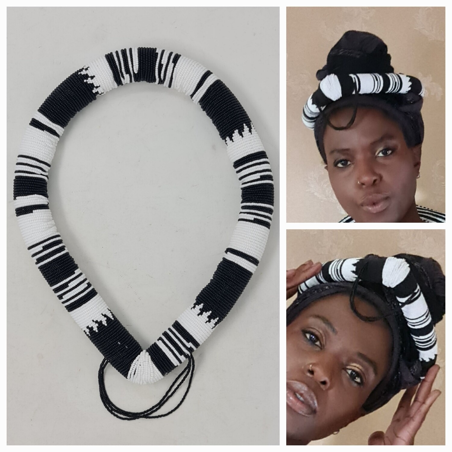 African Beaded Headband - Black and White