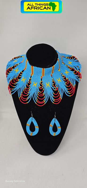 Handmade Democratic Republic of the Congo Flag Beaded Necklace &amp; Matching Earrings | African Jewellery | Free UK Delivery