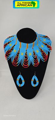 Handmade Democratic Republic of the Congo Flag Beaded Necklace &amp; Matching Earrings | African Jewellery | Free UK Delivery