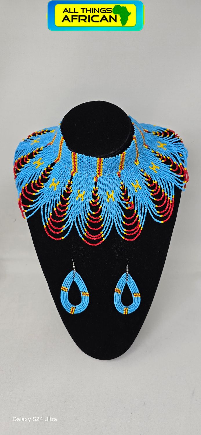 Handmade Democratic Republic of the Congo Flag Beaded Necklace &amp; Matching Earrings | African Jewellery | Free UK Delivery