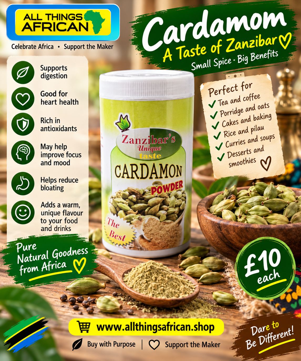 Zanzibar Cardamom Powder | Authentic Tanzanian Cardamom Spice | £10 Each or 3 for £20 | African Spices UK - Iliki / Cardamom