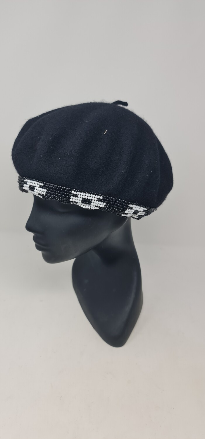 Black African Beaded Beret | Elegant Black and White Design 12" - Bawati