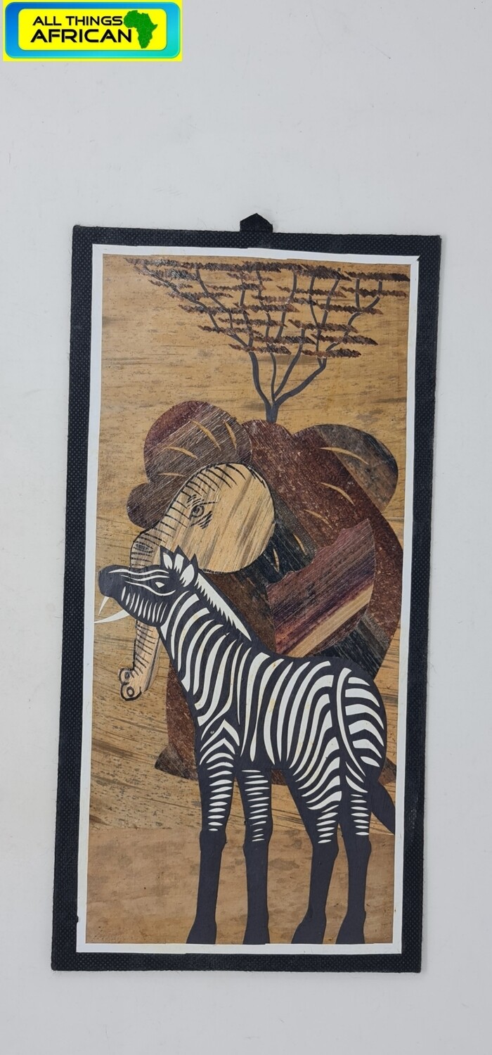 African Banana Artwork - "Pundamilia na Tembo"  20cm x 41cm