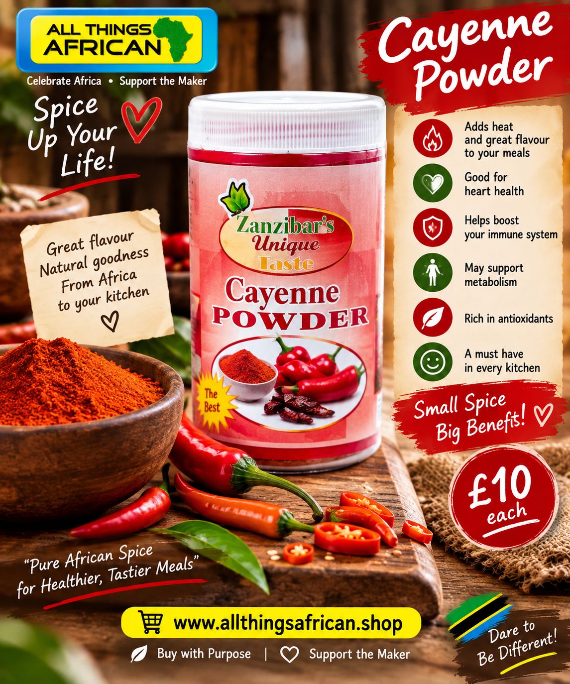 Zanzibar Cayenne Pepper Powder | Authentic Tanzanian Hot Spice | African Spices UK | £10 Each or 3 for £20