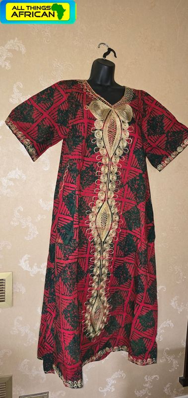 Red &amp; Gold Embroidered African Kaftan Dress - Shamni