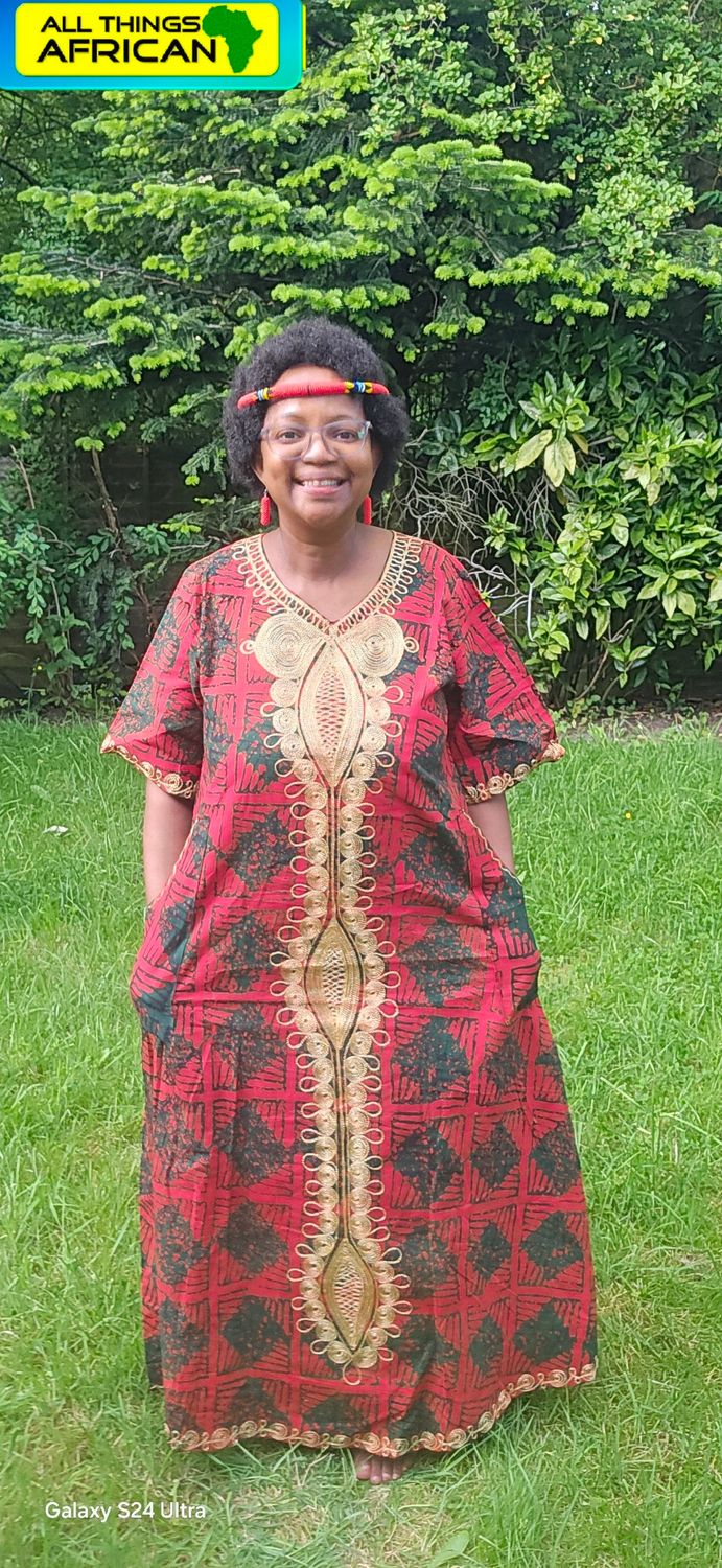 Red &amp; Gold Embroidered African Kaftan Dress - Fit up to size 20